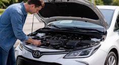 Toyota Corolla avec capot ouvert, inspection du moteur pour diagnostic de panne